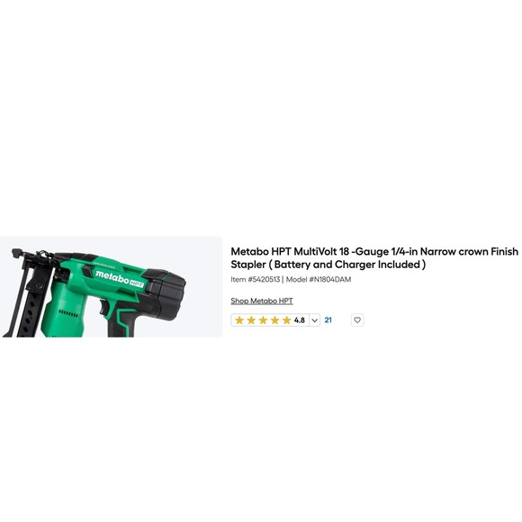 Metabo HPT Other - MetaboHPT MultiVolt 18 -Gauge 1/4-in Narrow crown Finish Stapler Model #N1804DA